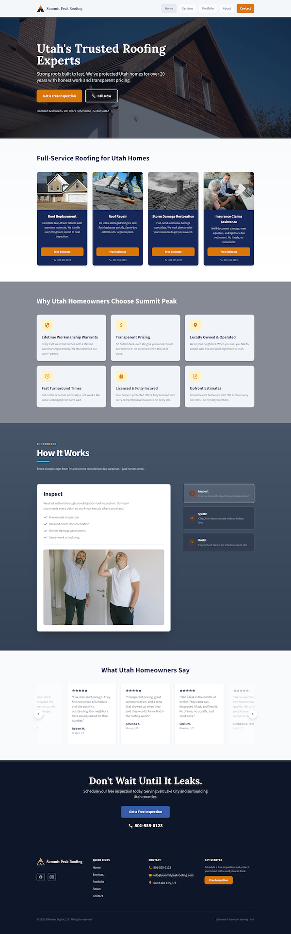 Roofing company website homepage screenshot